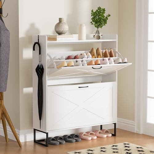 Foctaga Shoe Cabinet with 2 Flip Drawers, Freestanding Shoe Organizer with Removable Hooks, Narrow Shoe Rack Cabinet for Entryway, Hallway, Living Room, White