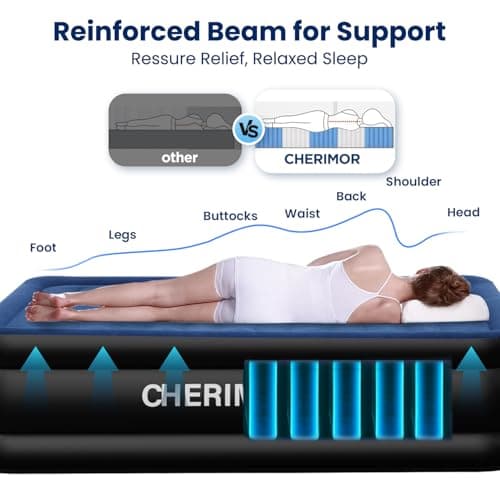 CHERIMOR Queen Air Mattress with Built in Pump, 18" Raised Comfort, Multi-Layer Leakproof, Heavy-Duty Support Blow Up Mattress, 800lbs High Capacity, 3 Min Inflation for Home Camping Guests 6