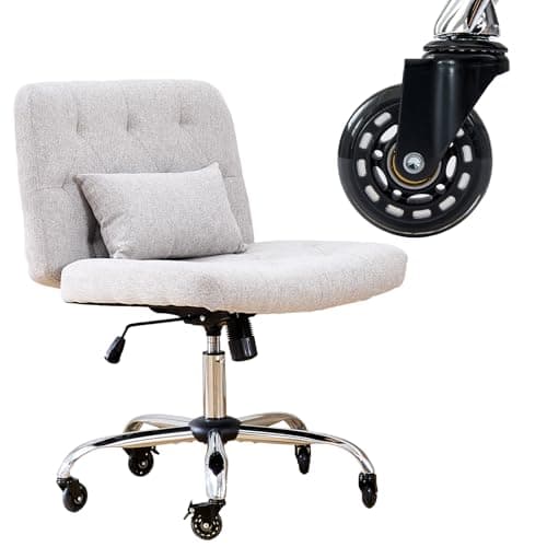 iMenting Criss Cross Chair with Rubber Wheels, Armless Office Desk Chair with Lumbar Pillow, Wide Comfy Vanity Rolling Swivel Modern Comfortable Fabric Computer Task Chairs for Home Office (Grey)