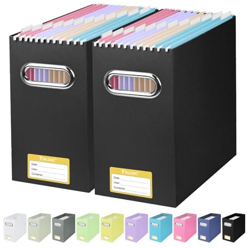 BALEINE File Organizer Box, Cardboard File Folder Organizer with Handle for Letter Size, Portable Collapsible Hanging Filing Box for Home Office Document Storage (2 Pack, Black)