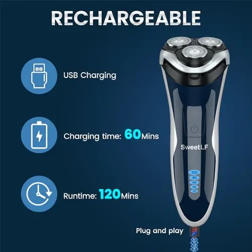 Electric Razor for Men, SweetLF 100% Waterproof Electric Shaver, USB C Rechargeable, Wet & Dry Rotary Shavers for Men with Pop-up Trimmer, Corded and Cordless, Navy Blue 6