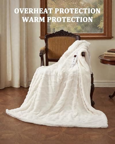 CAROMIO Heated Throw Blanket - Thick Tufted Sherpa Electric Blanket Throw with 10 Heating Levels and 10 Time Settings, ETL Certified Machine Washable Fast Heating Blanket Throw 50"×60", Off White 7
