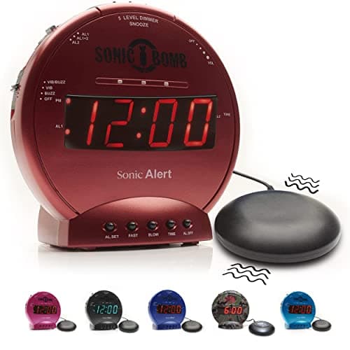Sonic Alert Sonic Bomb Dual Alarm Clock with Bed Shaker, Red Vibrating Alarm Clock Heavy Sleepers, Battery Backup | Wake with a Shake
