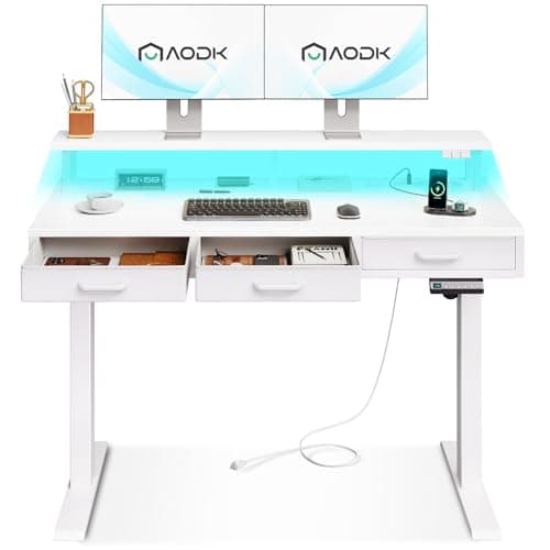 AODK Electric Standing Desk with Drawers, 47 Inch Height Adjustable Small Desk with Power Outlets & LED Lights, Sit Stand Table with Monitor Stand for Home, Office, Workstation, White
