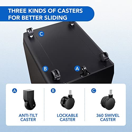 FLEXISPOT 3 Drawer File Cabinet, Mobile Metal Filing Cabinet with Lock,Legal/Letter File Organizer with Wheels for Home Office, Pre-Assembled, Round Corner Design, Black 6