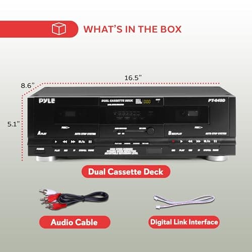 Pyle Home Digital Dual Cassette Deck Media Player Music Recording Device with RCA Cables Switchable Rack Mounting Hardware CrO2 Tape Selector Included 3 Digit Counter - 110V/220V 6