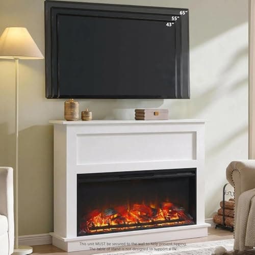 Andehomy 51" Farmhouse Electric Fireplace TV Stand with Mantel, 42" Insert Electric Fireplace Heater with Remote Control, Adjustable 3D Flame Effect, White 6