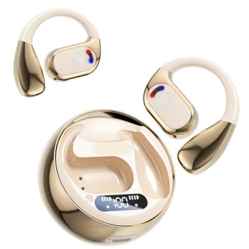 Fenpos Bluetooth Open Ear Gaming Headphones, HiFi IPX5 Waterproof Noise Cancelling Wireless Bluetooth Earbuds with Mic and Flexible Earhooks for Android/iOS 72 Hours (Beige)