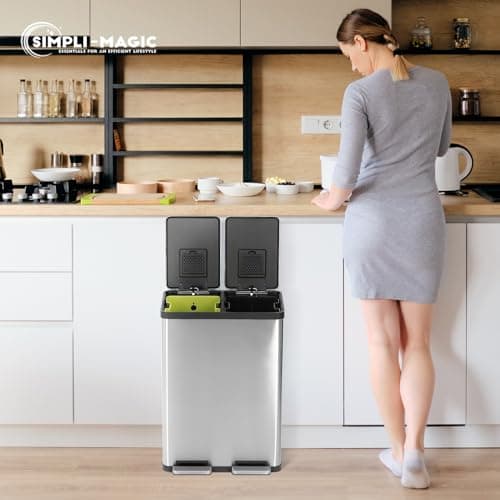 Simpli-Magic 16 Gallon (60L) Step Trash Can – Dual Compartment Kitchen Garbage Can with Waste & Recycling Bins – Slow-Close Lid, Odor Control, Hands-Free, Inner Bases, Premium Stainless Steel 9