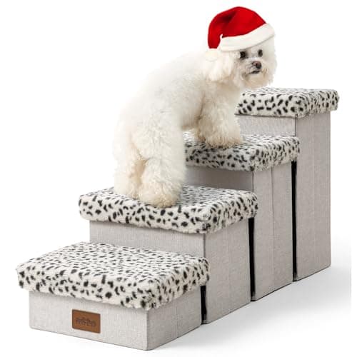 COZY KISS Dog Stair for Small Dogs with Storage, Foldable Pet Stairs for Medium or Puppy Dogs and Older Cats, Dog Steps for Bed or Couch with Soft Cover, 33x13x17.7 inch, 4 Tiers, Leopard