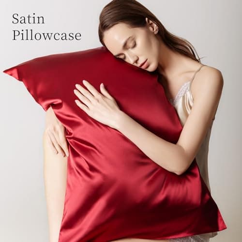 Satin Pillowcase for Hair & Skin, Anti-Frizz Cooling Pillow Cover with Zipper, Gifts for Women & Men (Red, Queen,1PC) 5