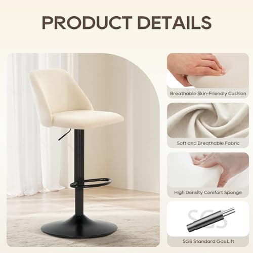 COLAMY Bar Stools Set of 3, Modern Swivel Bar Chairs, Adjustable Upholstered Barstools Counter Height with Full Backrest for Bar, Dining Room, Kitchen Island, Beige 5