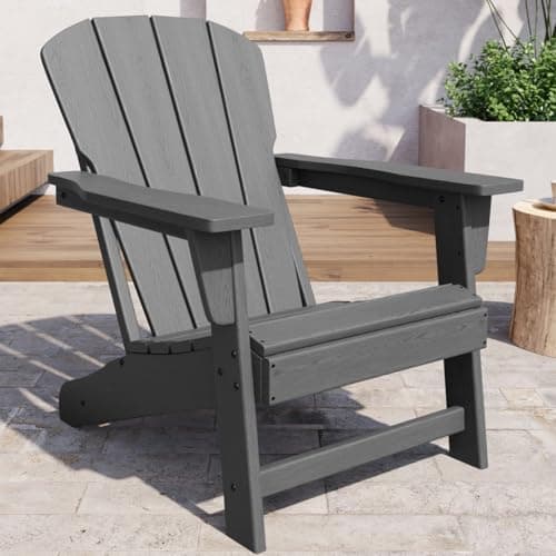 Modern HDPE Plastic Adirondack Chair - Oversize 380 LB Poly Lumber Weather Resistant Firepit Chair - Outdoor Patio Chairs with Wooden Textured for Garden, Backyard, Lawn, Deck, Pool, Porch - Grey
