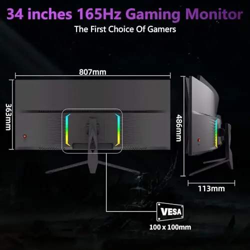 abytespark 34 Inch Curved Ultra Wide WQHD 4K (3440 × 1440) Gaming Monitor, 165Hz 1500R-PIP/PBP, 1ms (MPRT), HDR400, DCI-P3 95%,FreeSync & G-Sync, 2 x DP 1.4 and 2 x HDMI 2.0, Tilt Height Adjustment 8