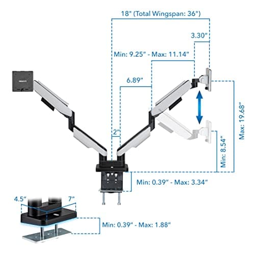 Mount-It! Heavy Duty Dual Monitor Arm up to 35 in. 44 lbs Screens, RGB Lights, 75x75 100x100 VESA Desk Mount for 2 Widescreen Curved Monitors 27 32 34 35 inches, Gas Spring, Clamp, Grommet, RGB Lights 9