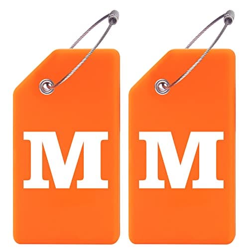 Gostwo 2 Pack Silicone Luggage Tags for Suitcases, 26 Initial Letter Baggage Labels Handbag School Bag Suitcase Instrument Tag with Stainless Steel Loop(Orange)(Letter M)