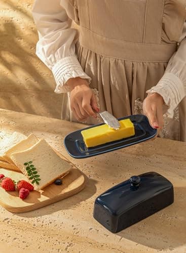 Sweese Butter Dish with Lid, Porcelain Butter Keeper, 7.8 Inch Butter Holder with Handle Cover, Butter Container Perfect for East West Coast Butter, Navy 6