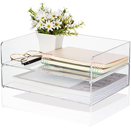 Yulejo 2 Pcs Stackable Paper Tray Acrylic Desk Organizers Accessories Paper Storage Tier File Office Organizer Tray Stackable Document Clear Desk Accessories for Office Workspace Organization