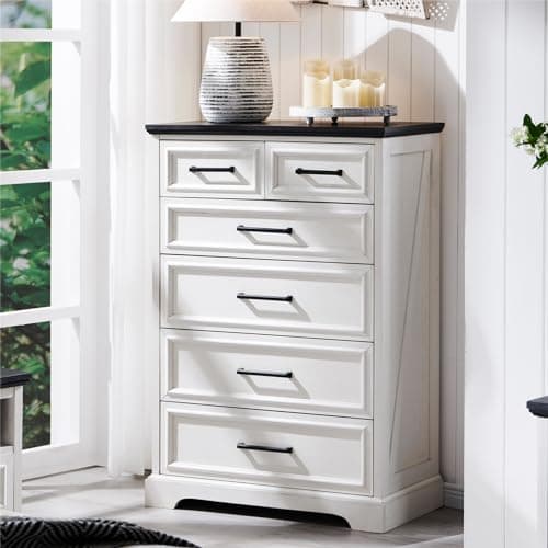 ACCOHOHO 6 Drawer Dresser, Farmhouse Chest of Drawers for Bedroom, 44" Tall Dresser with Large Metal Handles, Wood Drawer Organizer for Living Room, Hallway, Closet - White