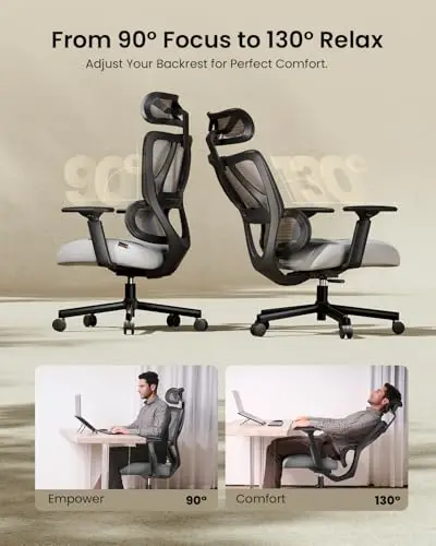 ProtoArc Ergonomic Office Chair, EC100 Big and Tall Mesh Computer Desk Chair with 30% Thicker Saddle Shaped Spring Cushion, Lumbar Support, Adjustable Headrest, Armrest for Home and Office - Gray 9