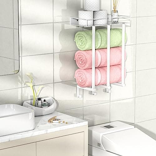 Ovicar Towel Racks for Bathroom - Wall Mounted Towel Rack with Metal Shelf & 3 Hooks, 3 Bars Wall Towel Holder for Small Bathroom, Bath Towel Storage for Rolled Towels Organizer (White) 6