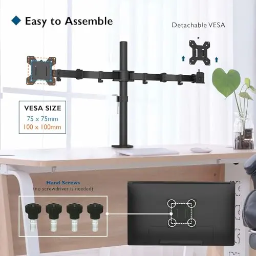 BONTEC Dual Monitor Desk Mount, Full Motion Adjustable Monitor Stand for 13–27 Inch Screens, Heavy Duty Arms Hold Up to 22 lbs Each, VESA 75x75/100x100 mm, C Clamp and Grommet Base, Cable Management 3