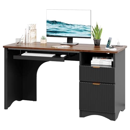 Bestier Computer Desk with Keyboard Tray, 55 inch Office Desk with Power Outlet, Modern Home Office Desk with File Drawer (Walnut with Black, 55" W with Single-Sided Drawers) 8