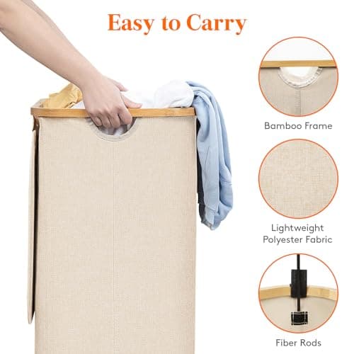 Lifewit 100L Laundry Basket with Lid, Clothes Hampers for Laundry with Bamboo Handles and 1 Removable Bag, Large Foldable Laundry Hamper for Bedroom, Bathroom, Dorm, Laundry Room, Beige 6