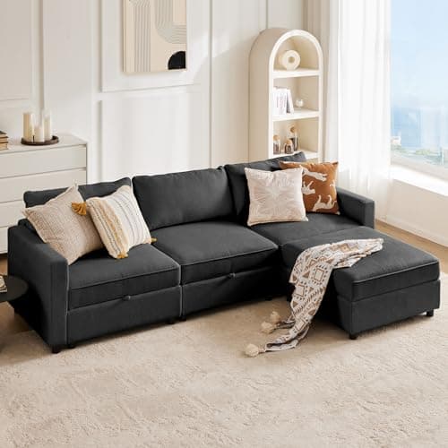 Sweetcrispy Convertible Sectional Sofa Couch, 4 Seat Sofa Set with Storage for Living Room, L-Shaped Modern Modular Sofa Sleeper with Ottoman, Comfy Sofa Couch with Extra Deep Seats, Grey