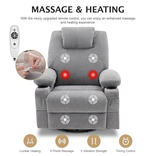 Weture Swivel Rocker Recliner Chair with Heat and Massage, 360 Degree Swivel Rocking Single Sofa with Cup Holders and USB Port, Big Oversized Recliner Chair for Living Room (Fabric, Light Grey) 5
