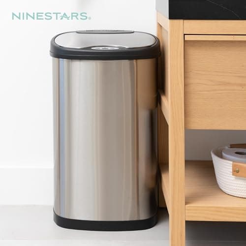 Ninestars 13 Gallon Kitchen Trash Can, Automatic Touchless Motion Sensor Trash Can with Black Lid, 50 Liter Stainless Steel Garbage Bin, Oval, DZT-50-13 8