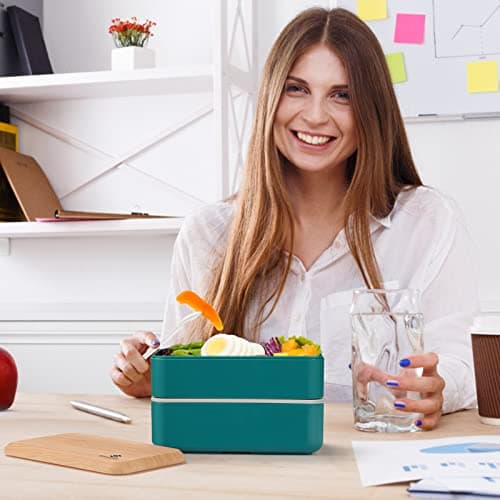 Sinnsally Bento Box Adult Lunch Box,Stackable Japanese Bento Lunch Box Containers for Women/Men with Compartments(47oz),Lunch Containers with Utensil Set,Leak-Proof Lunchbox,Rectangle(Nordic Green) 6