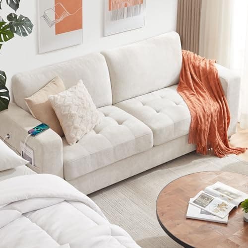 Ihanherry Modern Sofa 2-Seater Couches for Living Room, Chenille Sofas with Extra Large Seat Width & Depth, USB/Type-C Charging Port & Side Pocket, Removable Medium Firm Sofa Cushion(89inch, Beige)