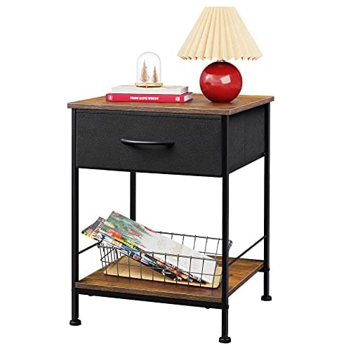 WLIVE Night Stand, Side Table with Fabric Storage Drawer, Small Nightstand, Bedside Table End Table for Bedroom, Dorm, Open Wood Shelf, Steel Frame, Black and Rustic Brown