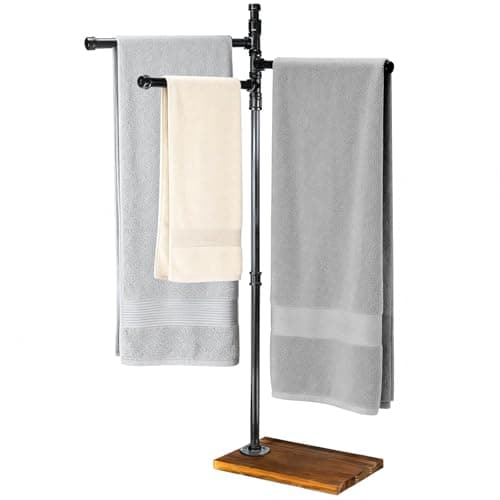 Hjarta 360° Swivel Standing Towel Rack, Free Standing Towel Holder with Wooden Base, Towel Stand with 3 Arms for Bathroom, Poolside