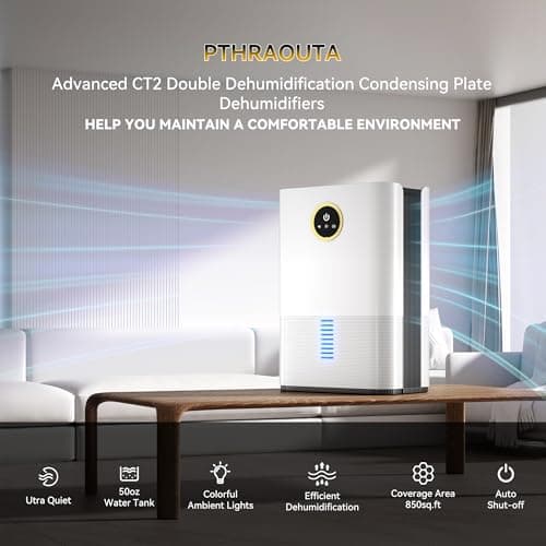 PTHRAOUTA Dehumidifier for Room for Home, (850 sq.ft) Small Dehumidifiers with Drain Hose, Safe Drainage Auto-off Odor Removal 2 Duak-Core Portable Mini Deshumificador Bathroom RV, 50 OZ Water Tank 7