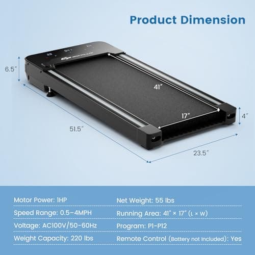 Goplus Under Desk Treadmill, Electric Treadmill Walking Pad with Touchable LED Display and Wireless Remote Control, Built-in 3 Workout Modes and 12 Programs, Running Jogging for Home Office 8