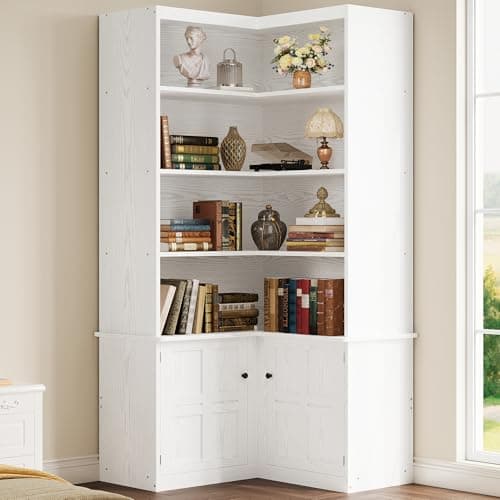 IRONCK Corner Bookshelf with Doors, 6 Tier Bookcase with Storage, Corner Shelf with Cabinet, Large Tall Bookshelf for Living Room, Home Office, Bedroom,White