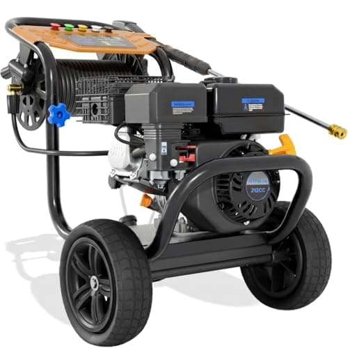 MUTAOMAY Gas Pressure Washer, 3600 PSI 2.3GPM Gas Powered Pressure Washer 212CC 4-Stroke OHV Engine, 30ft Hose&Reel 5 Nozzles Pressure Washer for Cars Fences Driveways Patios Furniture