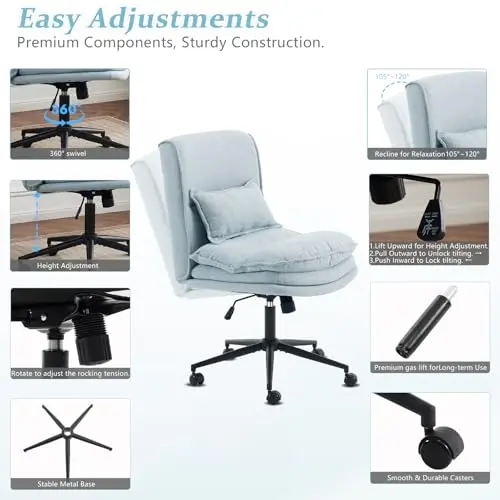 VINGLI Cloud Criss Cross Legged Chair,18" High Back Armless Home Office Desk Chair with Wheels,Wide Adjustable Comfy Padded Seat Task Computer Chair,Modern Swivel Makeup Vanity Chair,Fabric,Blue 6