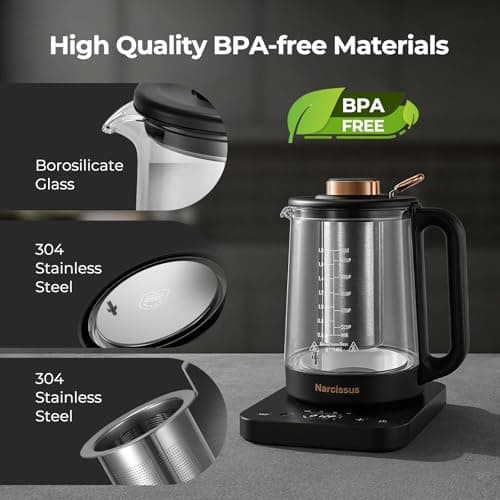 Narcissus Electric Kettle Temperature Control ±5℉, 1.8L Glass Electric Tea Kettle with Removable Infuser for Flowers & Fruit Tea, 1200W Fast Boiling, 6 Hours Keep Warming, Black 7