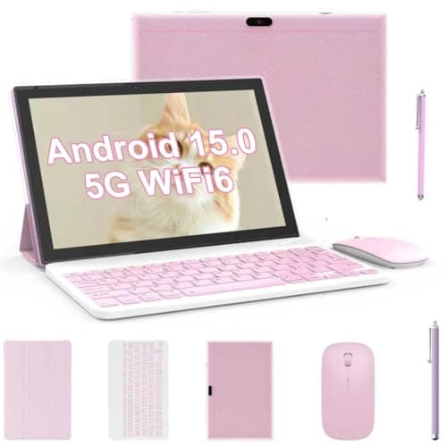 Tablet 2 in 1 Tablets 10 inch Android 15 Tablet Set with Keyboard Case Mouse Stylus Pen, 8GB+32GB Tablets 10.1" HD Touch Screen Tab, 2MP+8MP Dual Camera 6000mAh battery WiFi6 Bluetooth Tableta PC Pink