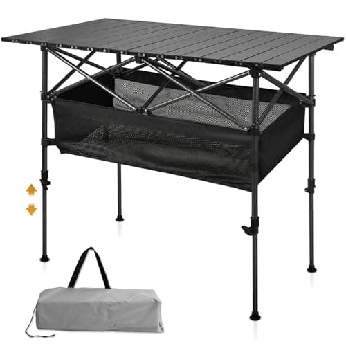 Audoyon Folding Camping Table, Outdoor Roll-up Table Height Adjustable & Portable Metal Camp Grill Table for Picnic, BBQ, Party, Backyard, Beach, Mesh Storage and Carry Bag (Ash Black, 37.4'' Large)