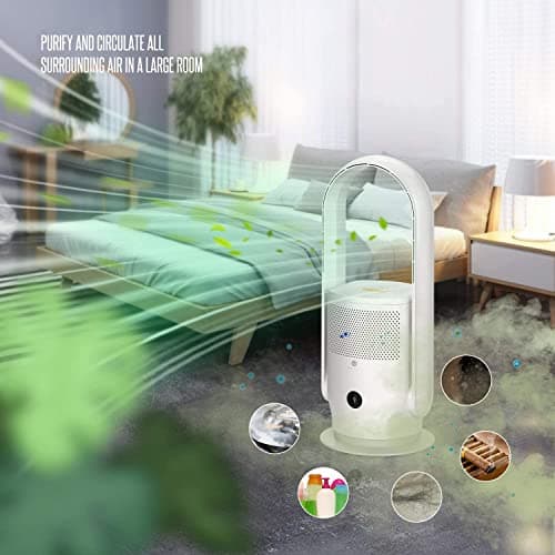ULTTY Bladeless Tower Fan with Air Purifier, 90° Oscillating Bladeless Fan with Remote, Touch, 8H Timer, Floor Fans for Bedroom Whole Room Home Office R021, White 7