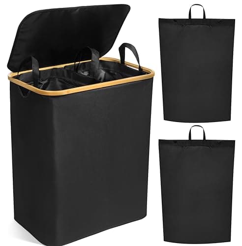 Luxe Laundry Clothing Hamper - 145L XL Laundry Basket with Bamboo Lid & Removable Inner Bag for Dirty Clothes - Free Standing, Tall, Collapsible, High-Capacity & Stylish Design Basket Bin, Black