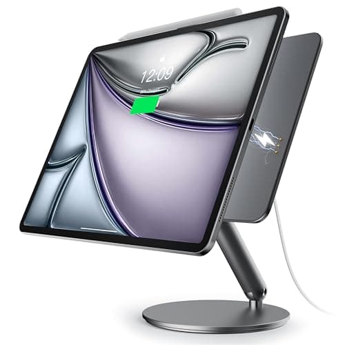 LULULOOK [Upgrade Magnetic Wireless Charging Stand for iPad Pro 12.9 3rd/4th/5th/6th, Foldable Aluminum Alloy Desk Arm Mount with 360° Rotating Base for iPad Air 13" M3 (2025)/M2, Cable Included
