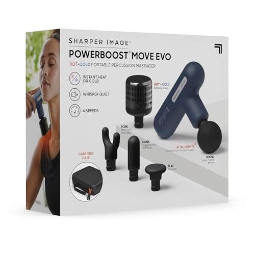 Sharper Image Deep Tissue Percussion Massage Gun, Powerboost Move Evo Hot & Cold Rechargeable Handheld Massager, 4 Adjustable Speeds, 5 Attachment Heads & Carrying Case, for Muscle Pain Relief, Blue 9
