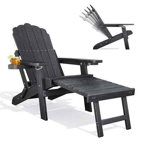 Qsun Folding Adirondack Chair with Ottoman, Adirondack Chair with 2 Cup Holders, All-Weather Fire Pit Chair, Adjustable Backrest Adirondack Chair for Outdoor, Garden, Porch, Lawn, Pool, Black, 1 pack