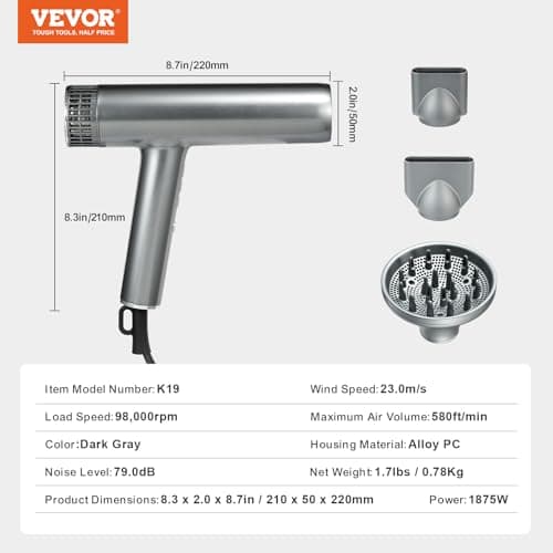 VEVOR Professional Hair Dryer, 3.0 Million Negative Ions Blow Dryer, 98,000RPM High-Speed Brushless Motor, 3 Temp & 3 Speeds, Lightweight Salon Hair Blow Dryers with Nozzles & Diffuser for Home Travel 7