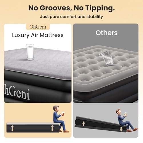 OhGeni 18" Luxury Air Mattress Queen with Built-in Pump, Silk Foam Topper Inflatable Bed for Superior Comfort, Premium Blow-Up Mattress for Home & Guest, Easy Setup, Extra Support, Black 5